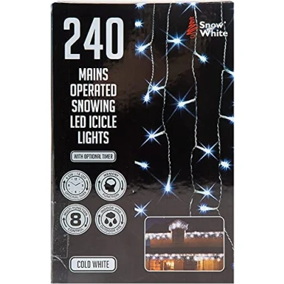 Image of VFM 3.8M Cold White LED Snowing Icicle Christmas Fairy Lights Mains Operated 240 Bulbs Indoor &amp; Outdoor with Optional Timer Multi Function Controls