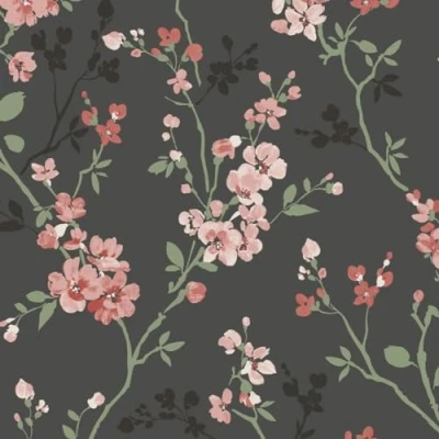 Image of Grandeco Jasmin Floral Cherry Blossom Trail Blown Vinyl Wallpaper, Black