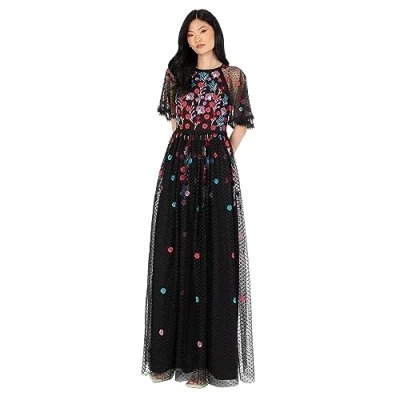 Image of Maya Deluxe Women&#039;s Maxi Dress Ladies Ball Gown for Wedding Guest Short Sleeve Polka Dot Floral Sequin Embellished Prom Occasion, Black, 20