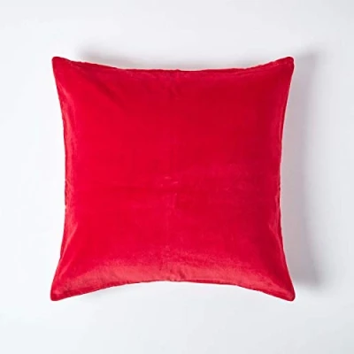 Image of HOMESCAPES Red Velvet Cushion Cover Super Soft Cotton Luxury Square Scatter Plain Accent Throw Pillow for Sofa and Bed Decoration with Hidden Zipper, 40 x 40cm
