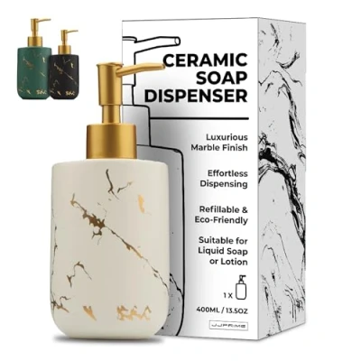 Image of JJ PRIME Ceramic Shower Soap Dispenser 400ml Marble Look Pump Bottle Hand with Kitchen Bathroom Bottles Wash (White)