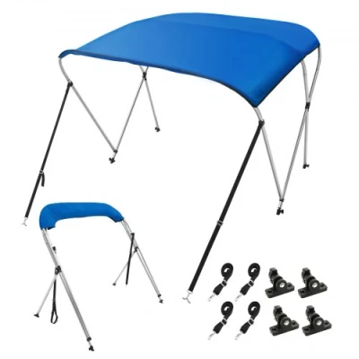 Image of VEVOR 3 Bow Bimini Top Boat Cover, 900D Polyester Canopy with 1&quot; Aluminum Alloy Frame, Waterproof and Sun Shade, Includes Storage Boot, 2 Support Poles, 4 Straps, 6&#039;L x 46&quot;H 54&quot; 60&quot;W, Pacific Blue