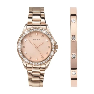 Image of Sekonda Elizabeth Gift Set Rose Gold Bracelet Pink Dial Bangle Women&#039;s Quartz Watch 33mm with Stone Case, Analogue Display and Stainless Steel