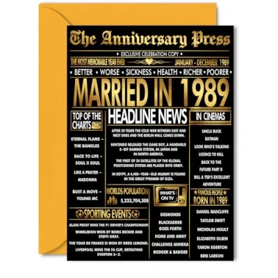 Image of Gold 36th Anniversary Card for Women Men Golden Newspaper Married in 1989 Happy 36 Year Wedding Wife Companion Husband Partner, 5x7 Inch Anniversaries Greeting Cards