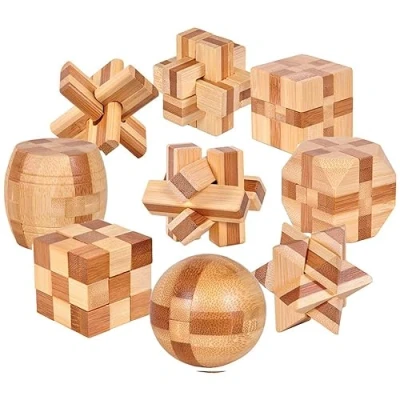 Image of Gracelaza 9pcs Wooden Blocks Brain Teaser Puzzles Set 3D Interlocking Wood Jigsaw Games Ideal Mind Toys and Gift for Kids Teens