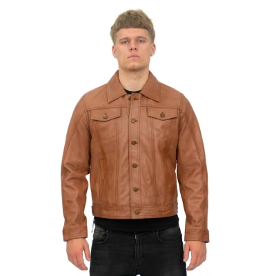 Image of Men’s Smooth Casual Tan Trucker 100% Leather Shirt Jeans Jacket 2XL