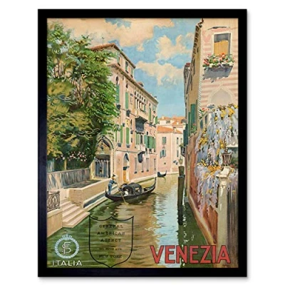 Image of Wee Blue Coo Travel Tourism Venice Canal Gondola Romantic Italy City Art Print Framed Poster Wall Decor 12X16 Inch
