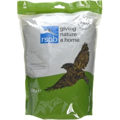 Image of RSPB Dried Mealworms 500g Wild bird Food, supporting Charity, meal worm, Re sealable &amp; recyclable pouches, for use in Garden outdoors. Perfect Feeders, ground feeders tables