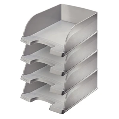 Image of Leitz Plus Jumbo Letter Tray Wheelbarrow Set of 4 Height 103 mm Silver Grey