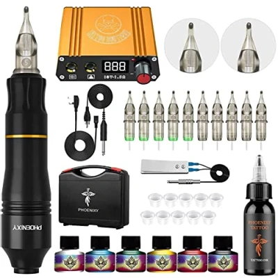 Image of Phoenixy Tattoo Kit, Rotary Pen Gun Machine Kit Switch Power Supply 10 Cartridge Needles 7 Colors Permanent Ink Set (PH 01)