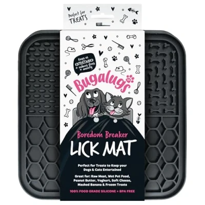 Image of Bugalugs Boredom Breaker Lick Mat, 100% Food Grade Silicone Dog BPA Free, Dogs, Cats, Feeding &amp; Licking Treat Pet Mats, Reduce Stress Anxiety, Slow Feeder, Microwave (Black)