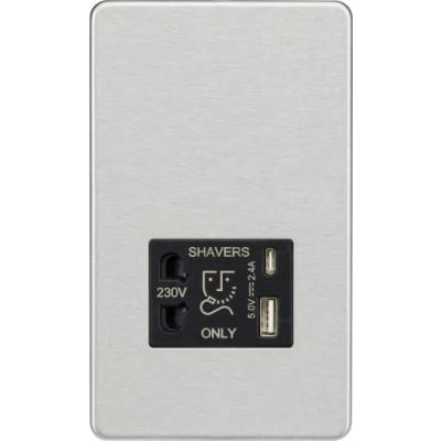 Image of KnightsBridge Shaver socket with dual USB A+C (5V DC 2.4A shared) brushed chrome black insert