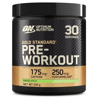 Image of Optimum Nutrition Gold Standard Pre Workout Powder, Energy Drink with Creatine Monohydrate, Beta Alanine, Caffeine and Vitamin B Complex, Supplement, Green Apple Flavour, 30 Servings, 330 g