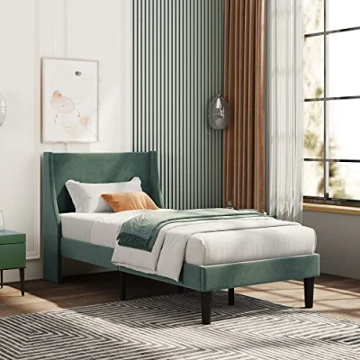 Image of ABIN Single Bed Frame 3FT Upholstered with Winged Headboard, Wood Slat Support, Strong Comfortable Bed, Bedroom Furniture,Soft Velvet (Green, 90x190cm)