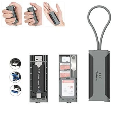 Image of JJC Memory Card Case with USB 3.0 Multi function Reader, Slim Portable Travel Holder Storage for 1 SD + 2 TF Nano SIM (Gray &amp; Black)