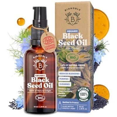 Image of Bionoble Pure Organic Black Seed Oil, Cold Pressed 50ml Glass bottle + Pipette Pump Cumin Oil for Hair Growth Anti Acne, Purifying Skin Care Nigella Sativa