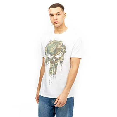 Image of Marvel Men&#039;s Punisher Skull Camo T Shirt, White, M UK