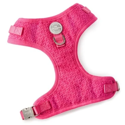Image of HUGO &amp; HUDSON Tweed Dog Harness Adjustable Soft Padded No Pull Pet Vest with 2 Leads Clips, Pink, S