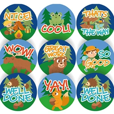 Image of 144 Camping Critter Praise Words 30mm Glossy Reward Stickers for Teachers &amp; Parents
