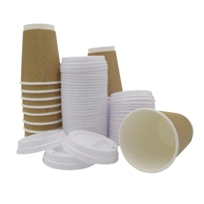 Image of Sunrise Packaging 8oz / 240ml Kraft Ripple Paper Cups with Lids 3Ply Insulated Hot Drinks for Tea Coffee Cappuccino Drinking (25)