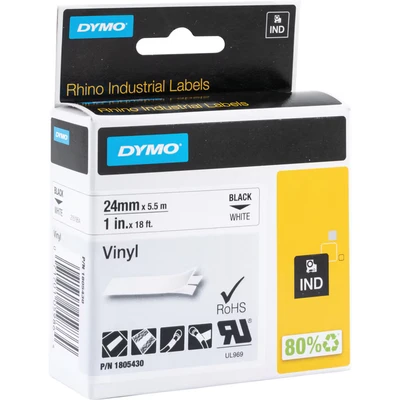 Image of DYMO Rhino Industrial Vinyl Labels 24 mm x 5.5m Black Print on White Self Adhesive for LabelManager &amp; Label Makers