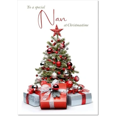 Image of doodlecards Nan Christmas Card Parcels and Tree Medium Size with Plain Envelope