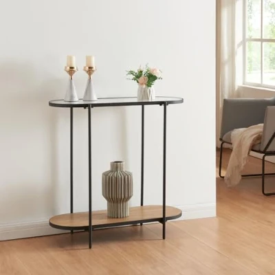 Image of [en.casa] Console table Høyanger side hallway stand shelf storage with glass top narrow entrance 80x80x30cm black/oak