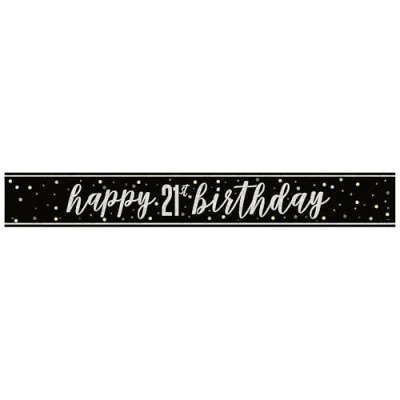 Image of Unique 82261 Foil Happy 21st Banner 2.74 m Glitz Black Birthday Party 1 Count (Pack of 1), Multicolour