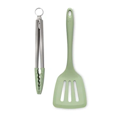 Image of Zeal JSET3G Non Stick Silicone Cooking Turner &amp; Food Tongs 2 Piece Set Sage Green
