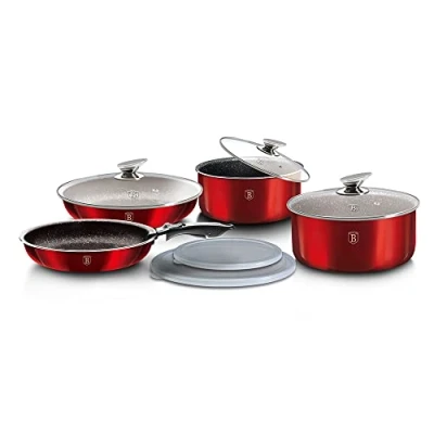 Image of BerlingerHaus Metallic Line BH/6145 Burgundy Edition 9 Piece Cookware Set, Stainless Steel 18/8