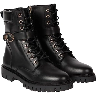 Image of Tommy Hilfiger Women Low Boot Buckle Lace Up Ankle Boots, Black (Black), 5 UK
