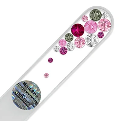 Image of Mont Bleu Crystal Nail File with Swarovski Elements, Hand Made, Czech Tempered Glass, Lifetime Guaranty, in Suede Sleeve (Pink)