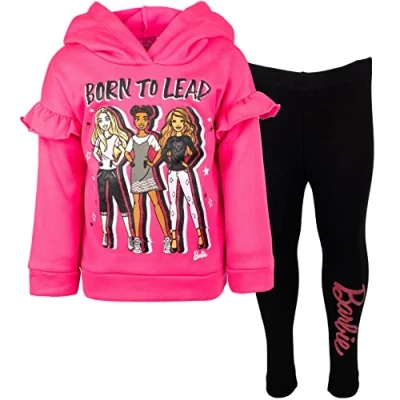 Image of Barbie Little Girls Ruffle Pullover Fleece Hoodie &amp; Leggings Set Black 7 8