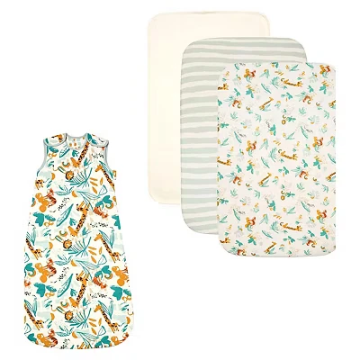 Image of Tutti Bambini Bedside Crib Bundle 2 Pack Sheets, 0 6 Sleeping Bag, Waterproof Mattress Protector Run Wild