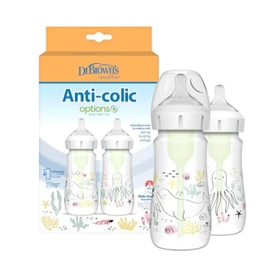 Image of Dr Brown&#039;s Anti Colic Options+ Wide Neck Baby Bottle, 9oz/270ml, 2 Pack Ocean Design