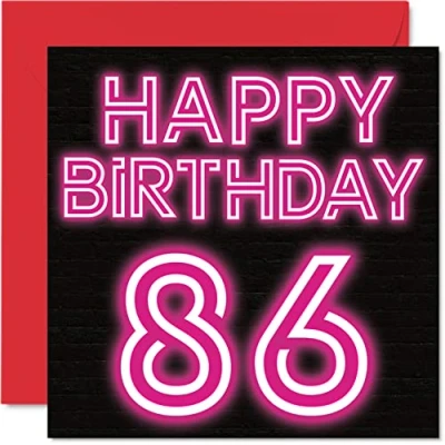 Image of Fun 86th Birthday Cards for Men Woman Neon Glow Happy Card Dad Mum Great Grandad Grandpa Nanny Grandma Gran Uncle Auntie, 145mm x Greeting Cards,
