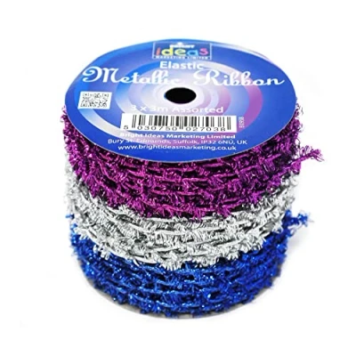 Image of Bright Ideas Twisted Elastic Ribbon for Gift Wrapping, Birthday Party Decoration, Bow Making, Crafting, Blue, Purple and Silver Metallic Colours, 3x3 Meter Spool 9 Meters. BI0958.