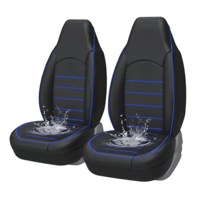 Image of PU Leather Car Seat Covers Bucket Universal Front Pair Waterproof &amp; Supports Airbag Compatible Auto Parts Protector Protector,Fit Most Cars, Trucks, SUVS, or Vans, Blue
