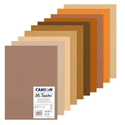 Image of CANSON Mi Teintes Coloured Drawing 160gsm A3 Paper Pack, Double Sided: Honeycomb &amp; Fine Grain, 10 Brown Tones Sheets, Ideal for Professional Artists Illustrators