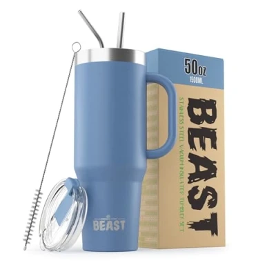 Image of Beast Tumbler 1500 ml (50 oz), Stormy Sky Reusable Stainless Steel, Vacuum Insulated Cup with + 2 Straws &amp; Cleaning Brush Double Wall Travel Flask Perfect for Hot or Iced Coffee BPA Free