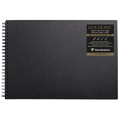 Image of Clairefontaine Ref 34253C Goldline Wirebound Pad (64 White Sheets) A3 Size, 140gsm Paper, Landscape Layout Black Cover Suitable for Dry Techniques