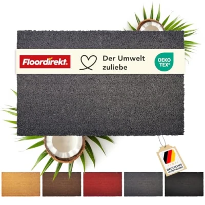 Image of Floordirekt Doormat for Indoor and Outdoor Use, 50 x 80 cm, Grey, Coconut Door Mat, Dirt Trapper Mat Front Door, Non Slip (17 mm)