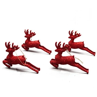 Image of 4 Small Red Festive Christmas Sparkling Glitter Reindeer Decorations