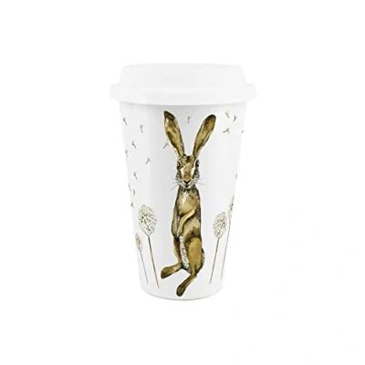 Image of Reusable Ceramic Travel Mug Hares &amp; Dandelions Silicone Lid Double Walled Insulated Hot/Cold Drinks Tea Coffee Gift