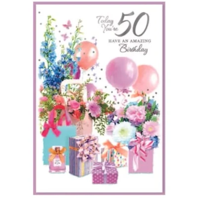 Image of 50th Birthday Card Laides Female For Her Flowers Age 50 Size: 7.5&quot; x 5.25&quot; (50Fd)
