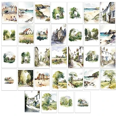 Image of 32 x British themed Watercolour Landscape Blank Greeting Cards (British Countryside, Beaches and Parks)
