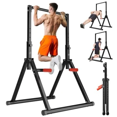 Image of WATBKHE Power Tower Pull Up Dip Station Foldable, Bar Adjustable, Multi Function Home Gym, Strength Training Fitness Equipment (Black)