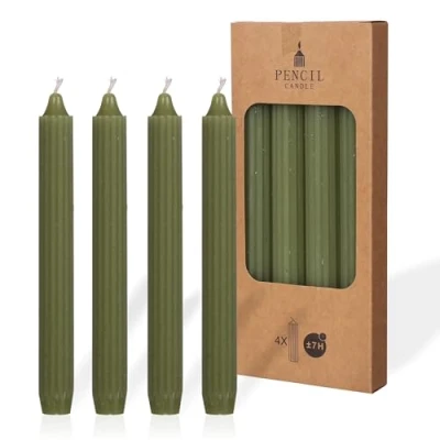 Image of COMFORDER Taper Candles Set, 4 x Table Plain + Ribbed, 20 cm, 7 Hours Burning Time (Moss Green)