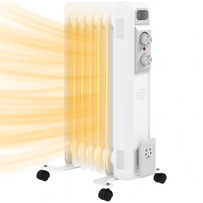 Image of HOMCOM 1500W Quiet Oil Filled Radiator, 7 Fin Energy Efficient Portable Electric Heater with 3 Heat Settings, Adjustable Temperate, Safety Tip Over, Overheat Protection, Wheels, for Home, White