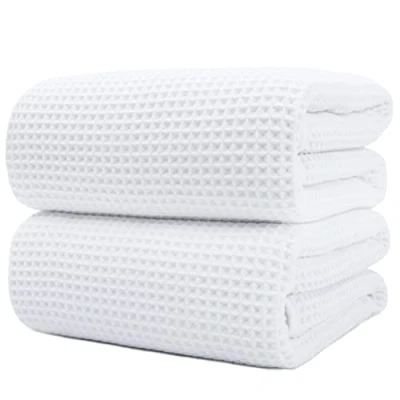 Image of POLYTE Microfibre Quick Dry Lint Free Bath Sheet, 89 x 178 cm, Set of 2 (White, Waffle Weave)